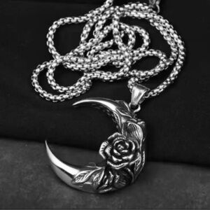 Unisex Platinum Crescent Moon & Rose With Leaves Necklace Bohemian No Fade